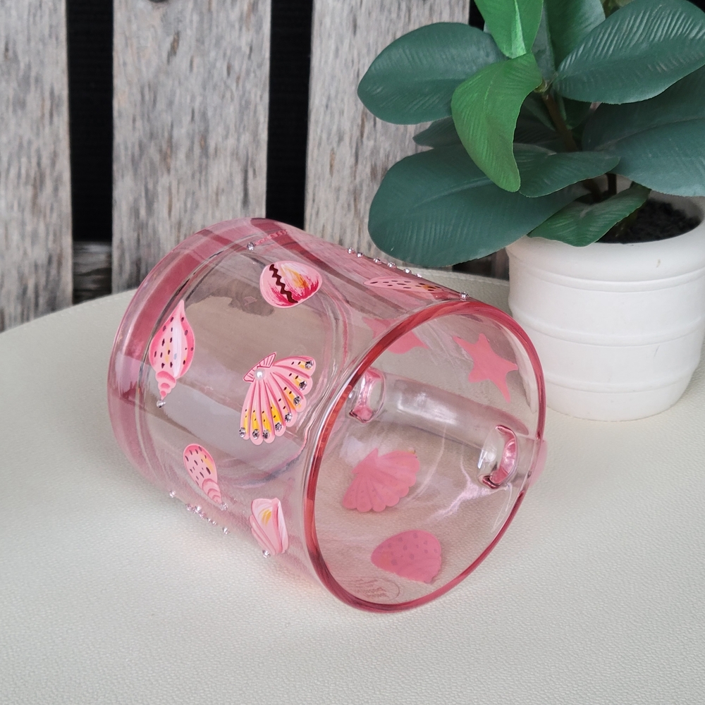 Seashells & Rhinestones Handpainted Pink Transparent Glass Mug - Picture 9 of 11